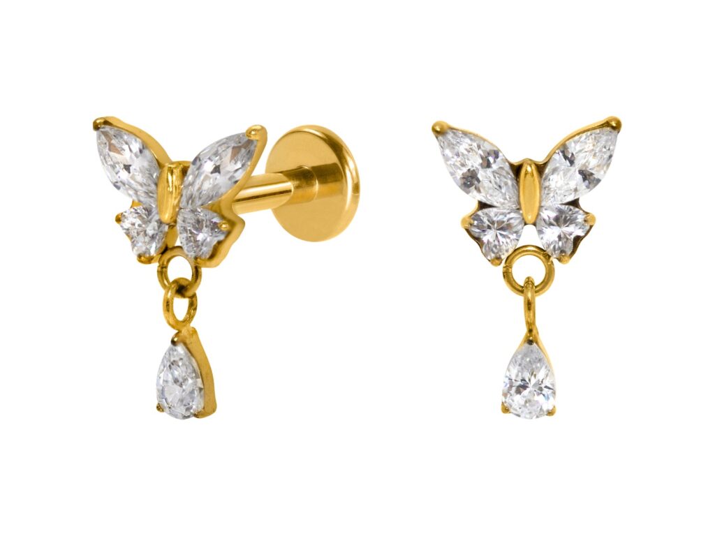 LABRET TITÂNIO PVD PUSH PIN BORBOLETA C/ PENDURICALHO