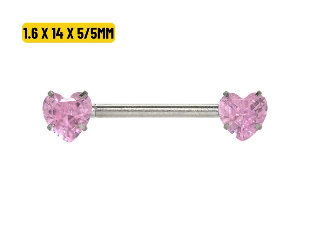 MAMILO TITÂNIO R/I C/ ZIRCÔNIA CORAÇÃO ROSA - 1.6 X 14 X 5/5MM