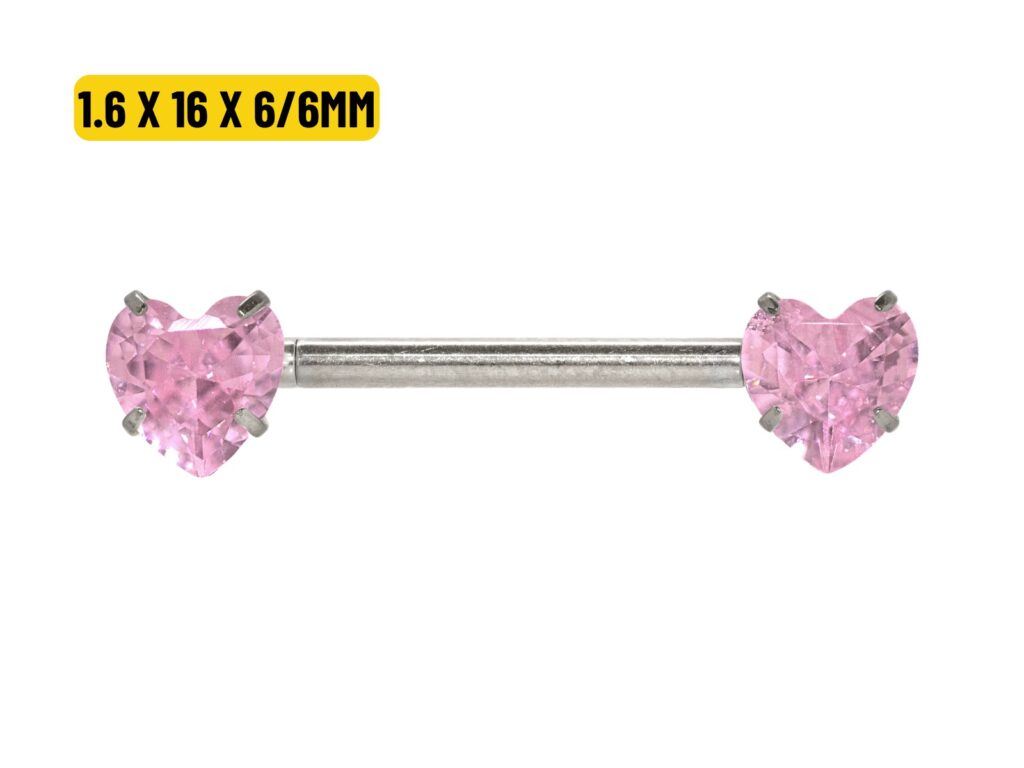 MAMILO TITÂNIO R/I C/ ZIRCÔNIA CORAÇÃO ROSA - 1.6 X 16 X 6/6MM
