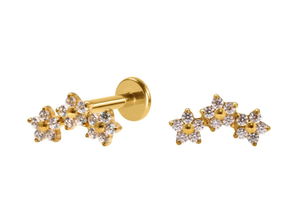 LABRET TITÂNIO PVD R/I CLUSTER 3 FLORES CRAVEJADAS MINI